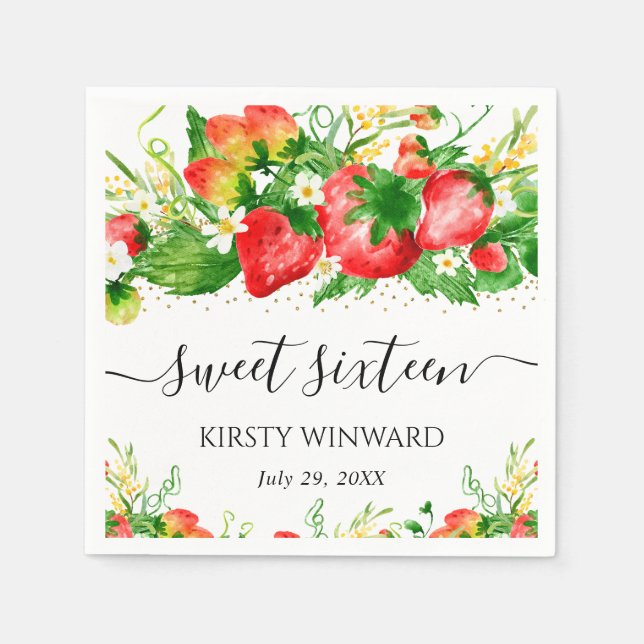 Watercolor Strawberries and Flowers Sweet Sixteen Napkin (Front)