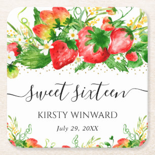 Watercolor Strawberries and Flowers Sweet Sixteen Square Paper Coaster