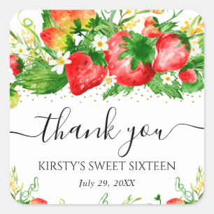 Watercolor Strawberries and Flowers Sweet Sixteen Square Sticker