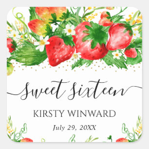 Watercolor Strawberries and Flowers Sweet Sixteen Square Sticker