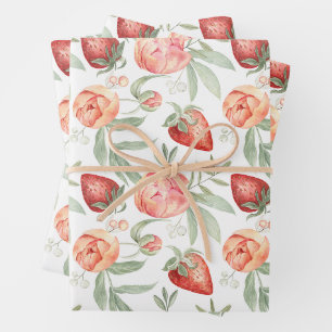 Watercolor Strawberries and Garden Flowers Wrapping Paper Sheet