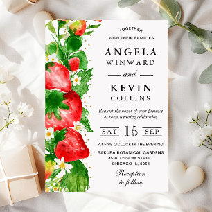 Watercolor Strawberries and White Flowers Wedding Invitation