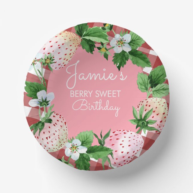 Watercolor Strawberries First Birthday Plaid  Paper Plate (Front)