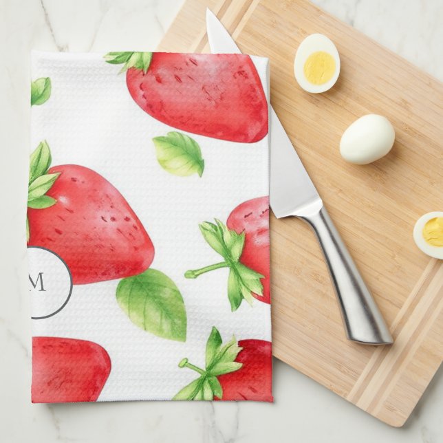 Watercolor strawberries modern summer monogrammed kitchen towel (Quarter Fold)