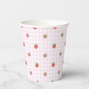 Watercolor strawberries on a pink gingham paper cups
