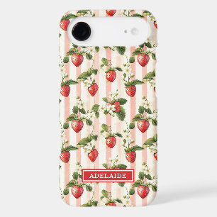 Watercolor Strawberries On Stripes Monogrammed
