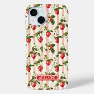Watercolor Strawberries On Stripes Monogrammed iPhone 15 Case