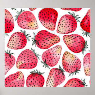 Watercolor strawberries pattern. poster