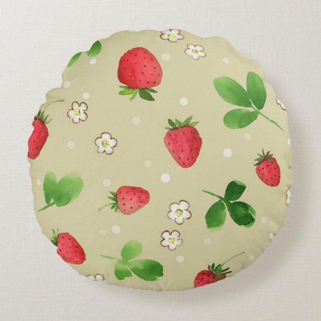 Watercolor strawberries pattern round pillow (Front)