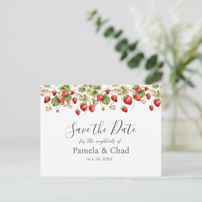 Watercolor Strawberries Wedding Save the Date Postcard (Standing Front)