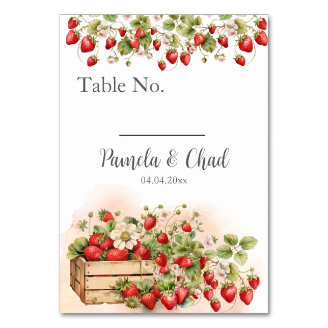Watercolor Strawberries Wedding Table Number (Front)