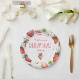 Watercolor Strawberry 1st Berry First Birthday Paper Plate
