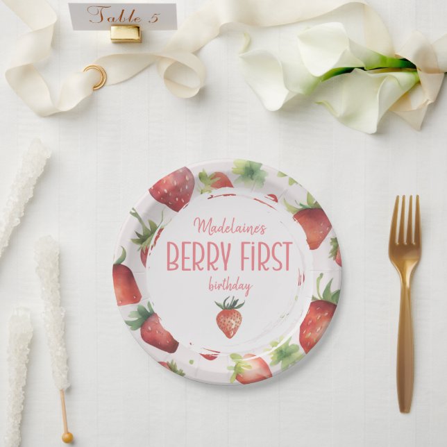 Watercolor Strawberry 1st Berry First Birthday   Paper Plate (Wedding)
