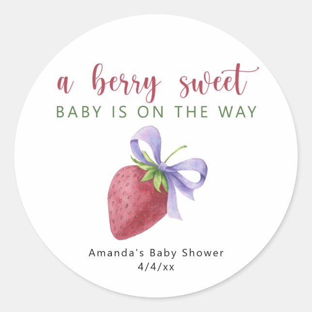 Watercolor strawberry and bow Baby shower Classic Round Sticker (Front)