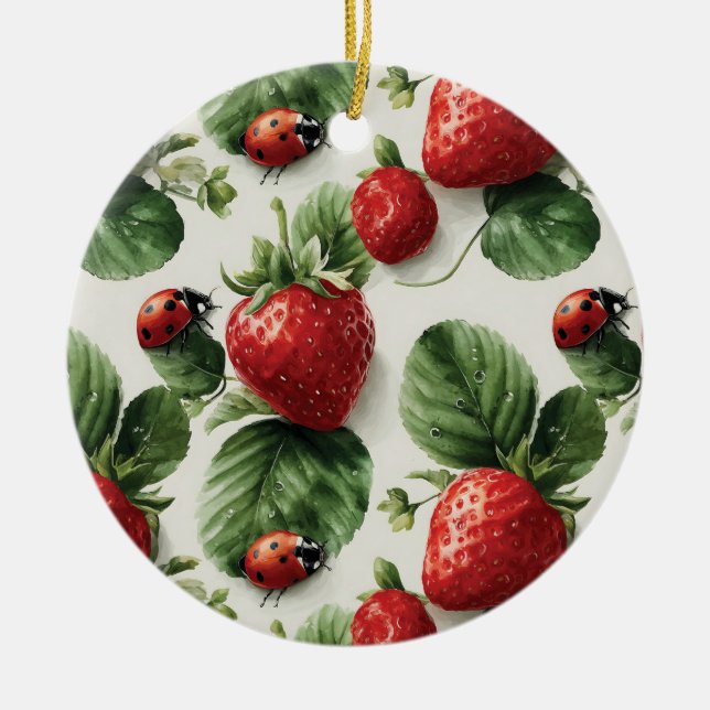 Watercolor Strawberry and Ladybug Seamless Pattern Ceramic Ornament (Front)