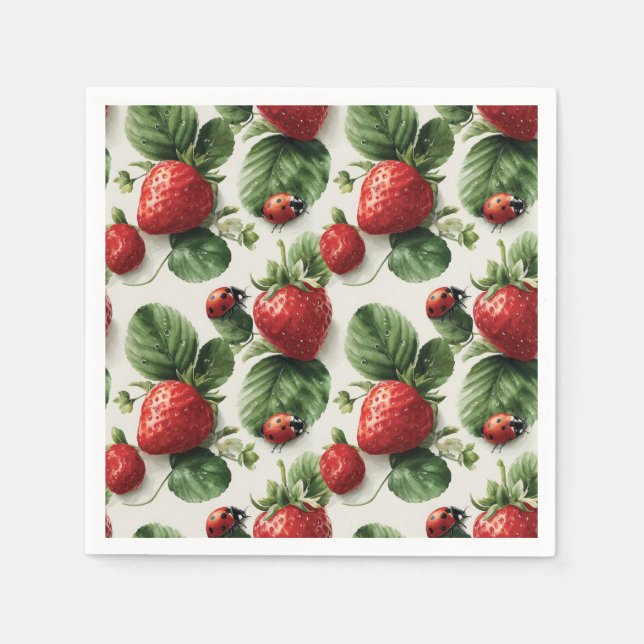 Watercolor Strawberry and Ladybug Seamless Pattern Napkin (Front)