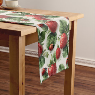 Watercolor Strawberry and Ladybug Seamless Pattern Short Table Runner