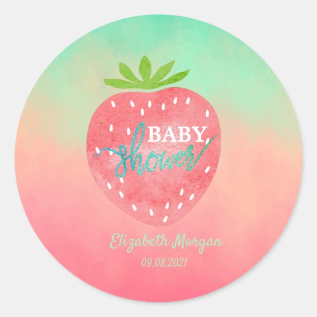 Watercolor Strawberry Baby Shower  Classic Round Sticker (Front)