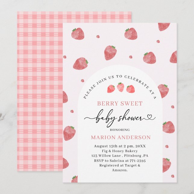 Watercolor Strawberry Baby shower  Invitation (Front/Back)