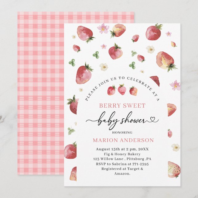 Watercolor Strawberry Baby shower  Invitation (Front/Back)