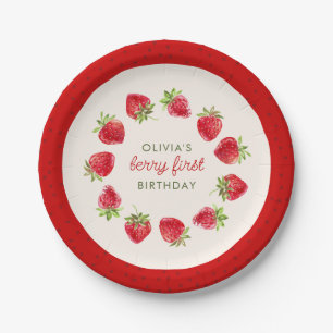 Watercolor Strawberry Berry First 1st Birthday Paper Plate