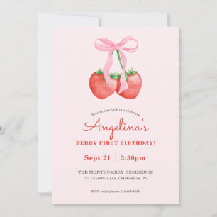 Watercolor Strawberry Berry First Birthday Invitation