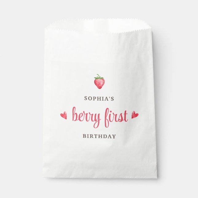 Watercolor Strawberry Berry First Birthday Party Favour Bag (Front)