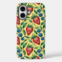 Watercolor Strawberry Blueberry Pattern on Yellow 