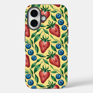 Watercolor Strawberry Blueberry Pattern on Yellow  iPhone 16 Case