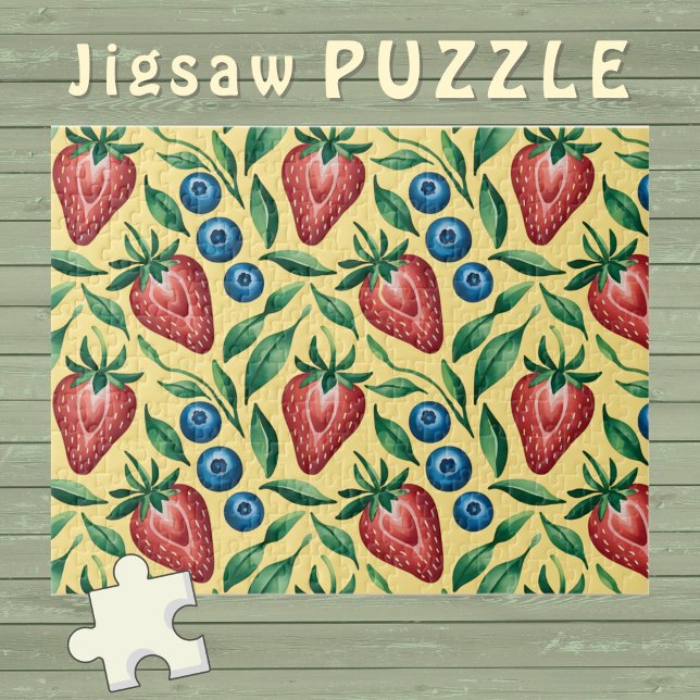 Watercolor Strawberry Blueberry Pattern on Yellow  Jigsaw Puzzle (Creator Uploaded)