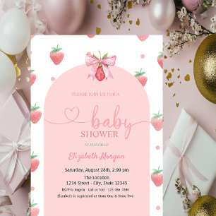 Watercolor Strawberry Bow Baby Shower  Invitation