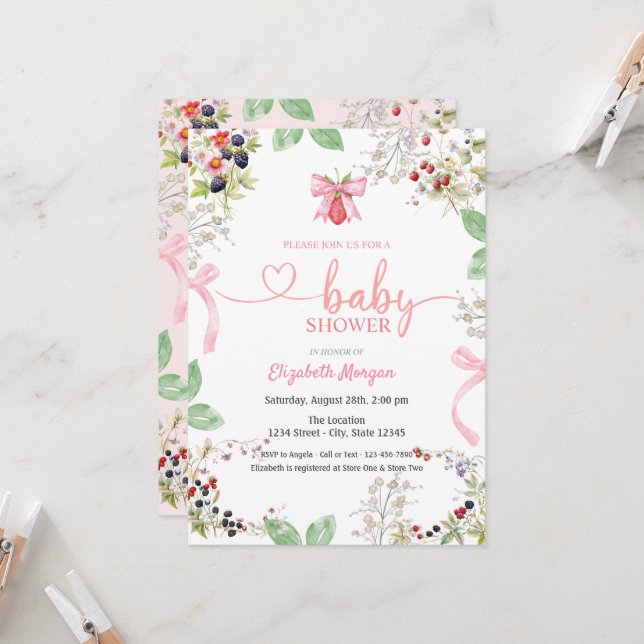 Watercolor Strawberry Bow Raspberry Baby Shower  Invitation (Front/Back In Situ)