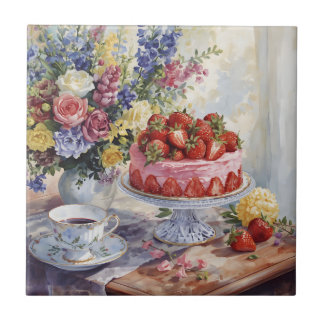 Watercolor Strawberry Cake and Flowers Still Life Tile