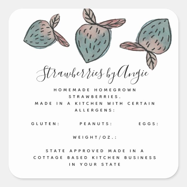 Watercolor Strawberry Doodle Pink Blue  Business Square Sticker (Front)