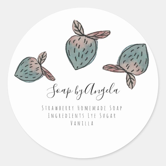 Watercolor Strawberry Doodle Pink Blue  Soap Classic Round Sticker (Front)