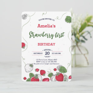 Watercolor Strawberry First Birthday Sweet Invitation
