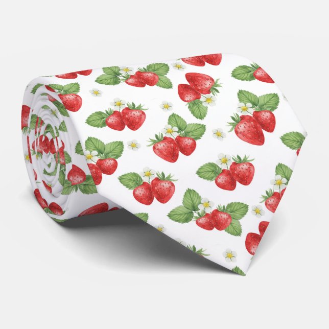 Watercolor Strawberry Fruit and Blossom  Tie (Rolled)