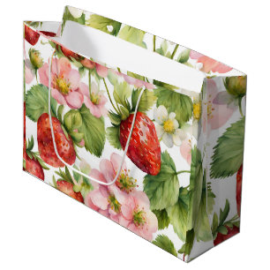 Watercolor Strawberry Fruit and Pink Flowers Large Gift Bag