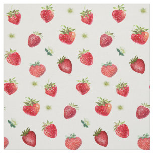 Watercolor Strawberry Fruit and Strawberry Flowers Fabric