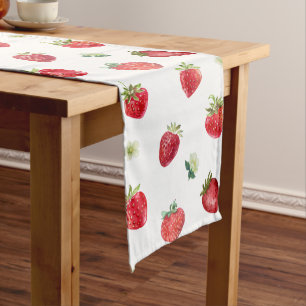 Watercolor Strawberry Fruit and Strawberry Flowers Medium Table Runner