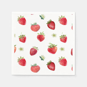 Watercolor Strawberry Fruit and Strawberry Flowers Napkin