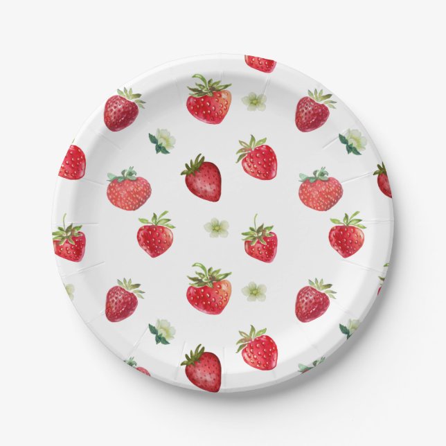 Watercolor Strawberry Fruit and Strawberry Flowers Paper Plate (Front)
