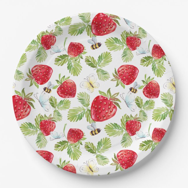 Watercolor Strawberry Fruit, Bees and Butterflies  Paper Plate (Front)