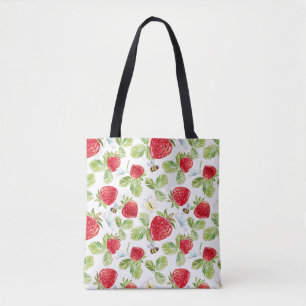 Watercolor Strawberry Fruit, Bees and Butterflies Tote Bag