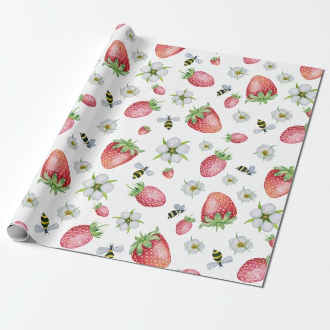 Watercolor Strawberry Fruit, Bees and Flowers Wrapping Paper (Unrolled)