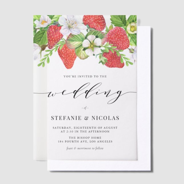 Watercolor Strawberry Garland Botanical Wedding Vellum Invitations (Offset)