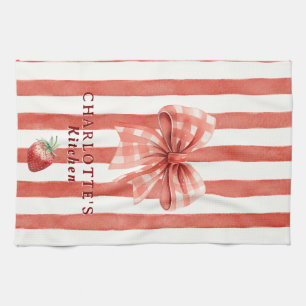 Watercolor Strawberry Gingham Bow Red Stripe Kitchen Towel