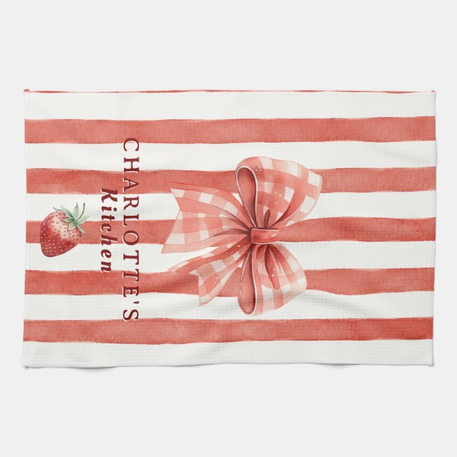 Watercolor Strawberry Gingham Bow Red Stripe Kitchen Towel (Horizontal)