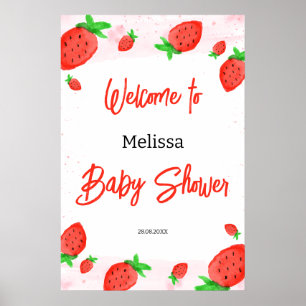 Watercolor Strawberry Girl Baby Shower Welcome Poster