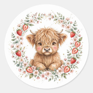 Watercolor Strawberry Highland Cow Farmhouse Classic Round Sticker
